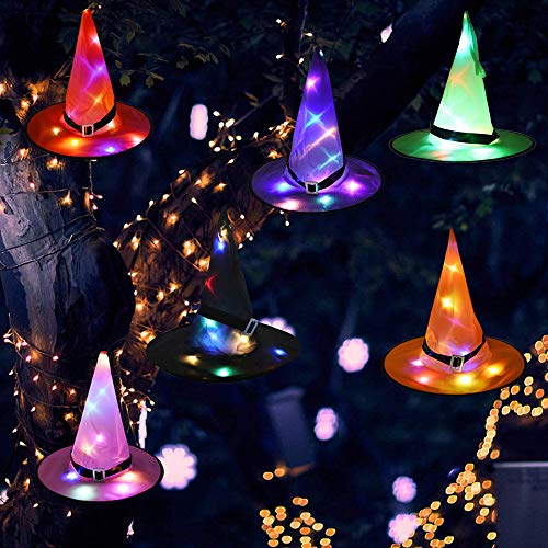 Sombreros de Bruja de Decoración de Halloween 6 Piezas con Mini Luces LED Fiesta que Cambian Color, Sombrero Bruja Colgante Bricolaje Brillante Luces al Aire Libre Funcionado con Pilas