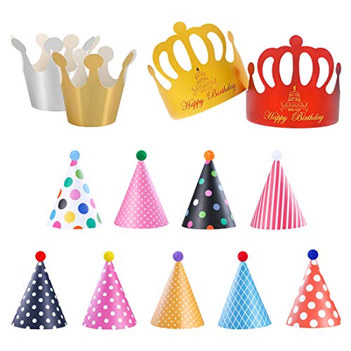 Sombreros de Papel del Fiesta de Cumpleaños, Gorros Forma Cónica con Poms, Tapa de Corona de Varios Color y Tamaños Para Los Cabritos y Los Adultos, Favores de la Fiesta