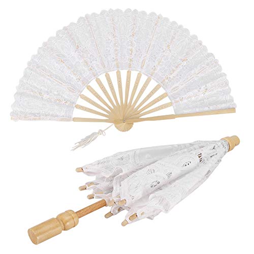 Sombrilla Paraguas De Encaje Blanco + Abrazaderas De Mano Plegables, Estilo Europeo Retro Man-go De Madera Sombrilla Sombrilla, Paraguas para Dama Mujeres, Baile Fotografía Prop