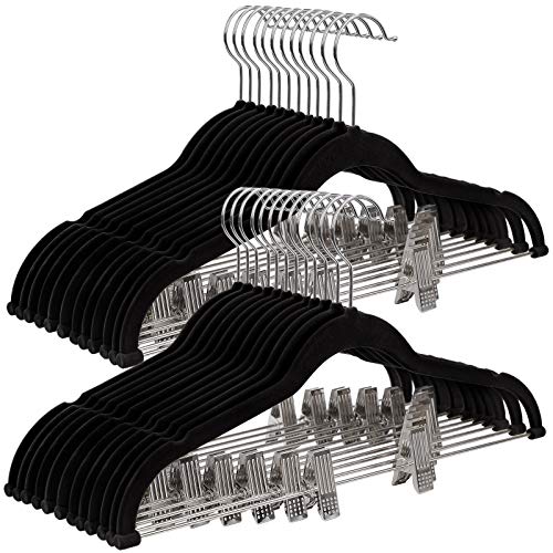 SONGMICS 30 Perchas para Pantalón de Terciopelo de 42,5 cm, con Clips Ajustables, Resistentes, Antideslizantes, Ahorran Espacio, Faldas, Abrigos, Vestidos, Camisetas, Negro CRF12B-30