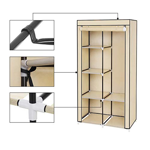 SONGMICS Armario de Tela, Organizador de Almacenamiento de Ropa con 2 Rieles Colgantes, 6 Estantes, Diseño Personalizable, 88 x 45 x 170 cm, para Dormitorio, Departamento Beige RYG84M