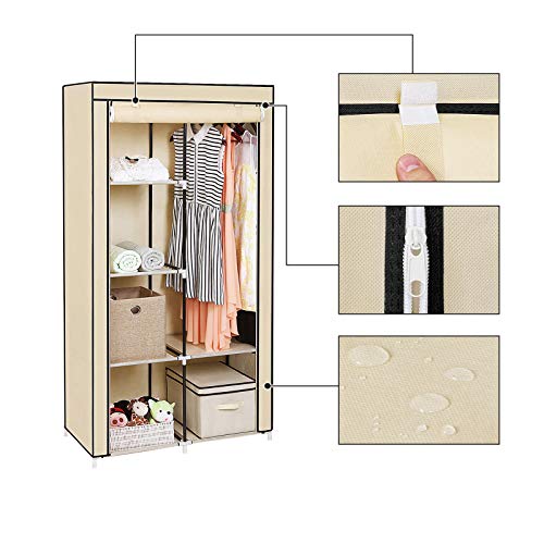 SONGMICS Armario de Tela, Organizador de Almacenamiento de Ropa con 2 Rieles Colgantes, 6 Estantes, Diseño Personalizable, 88 x 45 x 170 cm, para Dormitorio, Departamento Beige RYG84M