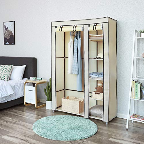 SONGMICS Armario de Tela para Ropa, Organizador de Tela Plegable, 175 x 110 x 45 cm, Beige LSF007M