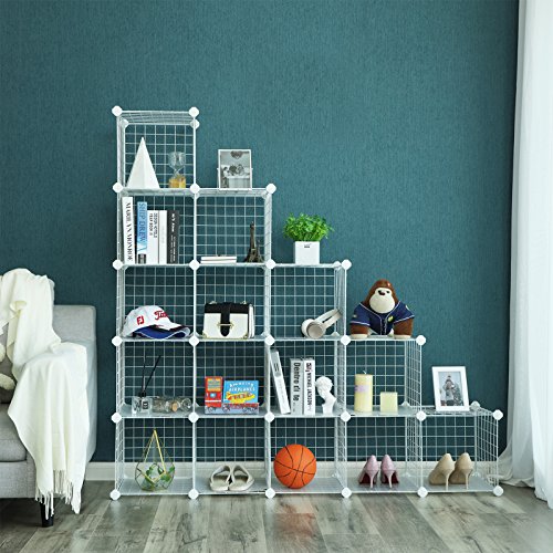 SONGMICS Armario Modular de Alambre metálico con 16 Cubos, Montaje en Bricolaje, Aramario de Almacenamiento, Estantería modulable, Estantería de Malla de Alambre, Blanco LPI44W