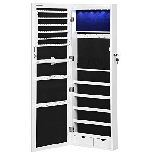 SONGMICS Armario para Joyas, Gabinete con Cerradura de Pared, Organizador de Almacenamiento para Pendiente Collar, con Espejo y Varios Compartimentos, Blanco JBC93W