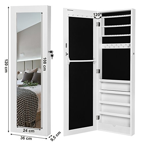 Songmics Armario y Espejo 2 en 1 Joyero de pared 36 x 120 x 9,5 cm Color blanco JBC24W