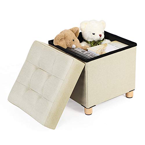 SONGMICS Banco Otomano de Almacenamiento, Asiento Plegable Acolchado, Cofre con Tapa, Patas de Madera Maciza, Ahorra Espacio, Carga Máxima 300 kg, para Dormitorio y Pasillo, Beige LSF14BE