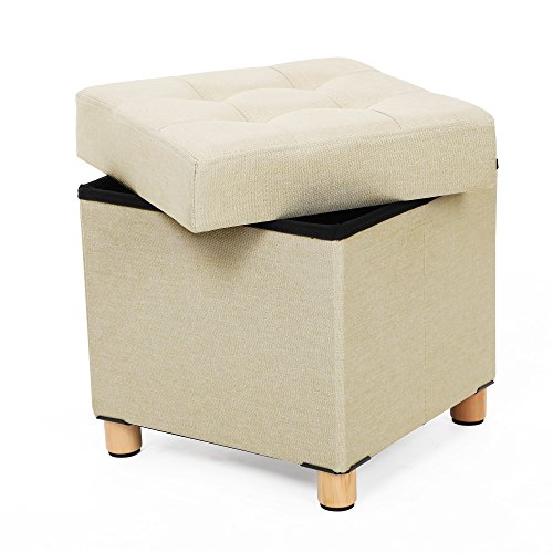 SONGMICS Banco Otomano de Almacenamiento, Asiento Plegable Acolchado, Cofre con Tapa, Patas de Madera Maciza, Ahorra Espacio, Carga Máxima 300 kg, para Dormitorio y Pasillo, Beige LSF14BE