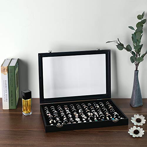 SONGMICS Bandeja para anillos, Cajón de Joyería con Tapa en Negro, con Terciopelo y Cristal, cajón para 100 anillos, Vitrina para anillos, con Imitación de Cuero, JDS301