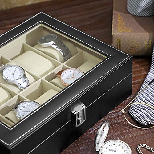 SONGMICS Caja de Relojes con 10 Compartimientos, Estuche de Madera para Relojes, Tapa de Vidrio, Almohadillas Extraíbles, Forro de Terciopelo, Cierre de Metal, Piel Sintética, Beige JWB010