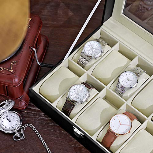 SONGMICS Caja de Relojes con 10 Compartimientos, Estuche de Madera para Relojes, Tapa de Vidrio, Almohadillas Extraíbles, Forro de Terciopelo, Cierre de Metal, Piel Sintética, Beige JWB010