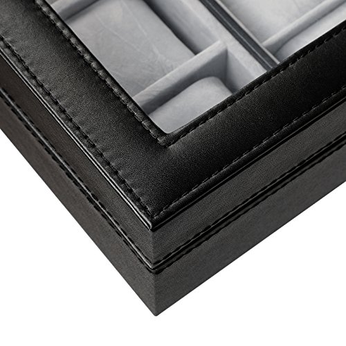 SONGMICS Caja para Relojes, Estuche para Relojes, Organizador de Relojes, Compartimentos Grandes, Forro de Terciopelo, Tapa de Vidrio, Regalo, Negro JWB14BK