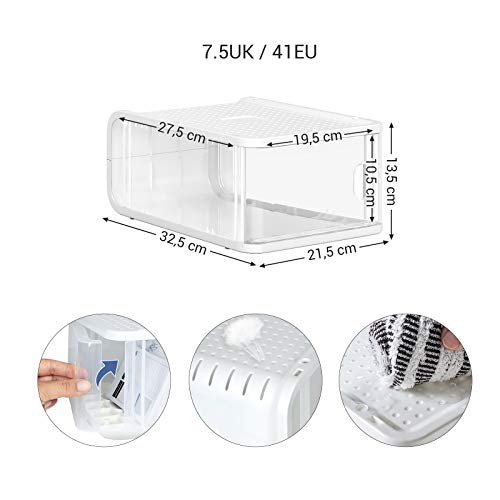 SONGMICS Cajas de Plástico para Zapatos, Paquete de 16, Organizador de Almacenamiento de Zapatos Apilable con Puerta Frontal, Tamaños hasta 42, 21,5 x 32,5 x 13,5 cm, Transparente LSP16TP