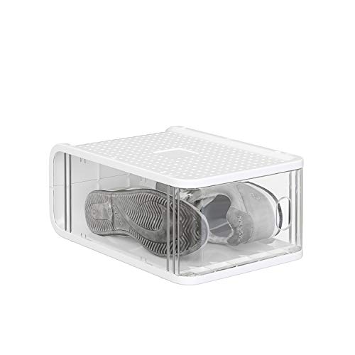 SONGMICS Cajas de Plástico para Zapatos, Paquete de 16, Organizador de Almacenamiento de Zapatos Apilable con Puerta Frontal, Tamaños hasta 42, 21,5 x 32,5 x 13,5 cm, Transparente LSP16TP