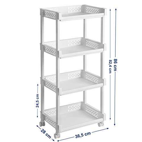 SONGMICS Carrito de Cocina con Ruedas, Estantería con 4 Niveles para Cocina, Oficina y Baño, 86 cm de Altura, Blanco KSC04WT