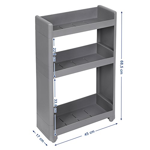 SONGMICS Carrito de Cocina con Ruedas, Estantería Multifuncional con 3 Estantes, 17 cm de Ancho, para Baño, Cocina, Dormitorio, Gris KFR09GY