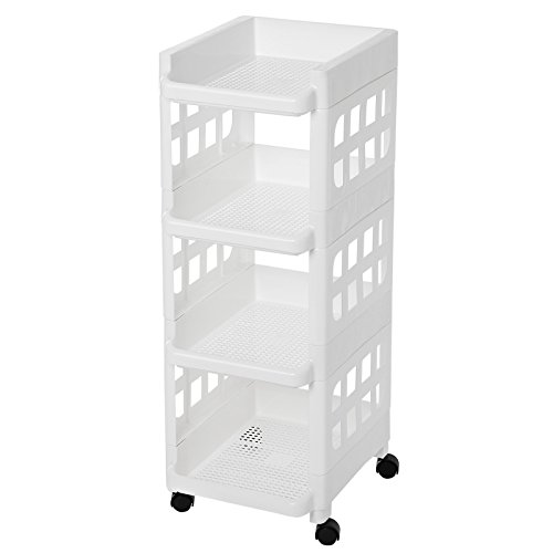 SONGMICS Carrito de Plástico con 4 Niveles, Estantería con Ruedas de PP, Organizador para Cocina y Baño, Estante de Almacenamiento, Blanco KSC02WT