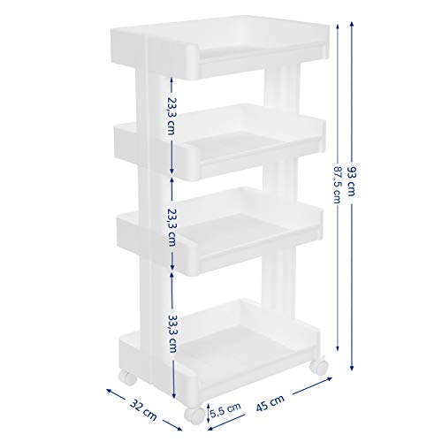 SONGMICS Carrito de Plástico de 4 Niveles, Estantería con Ruedas PP, Organizador para Cocina y Baño KSC05WT