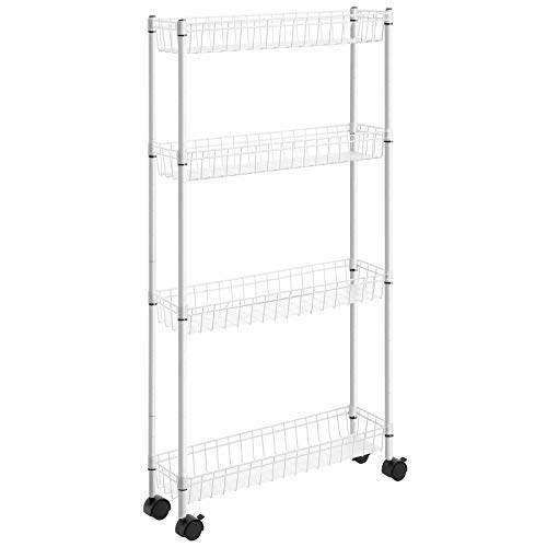 SONGMICS Carro de Almacenamiento Delgado, Carro Deslizante de 4 Niveles, 55 x 15 x 105 cm, Rodante sobre Ruedas, para Espacios Pequeños y Estrechos, Cocina, Lavandería, Blanco LGR200W01