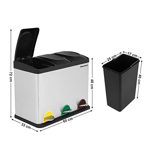 SONGMICS Cubo de Basura de Acero Inoxidable, Basurero Reciclaje con Tres Compartimientos y Pedal, 45 litros, 3x15L, Coloreado LTB45L