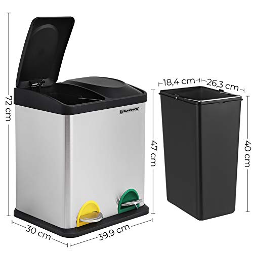 SONGMICS Cubo de Reciclaje, Residuos de 30 litros, 2 Cubos de Basura de 15 litros, con Cubos Internos, Pedales Codificados por Colores, para la Cocina, Sala de Estar, Plata y Negro LTB30L