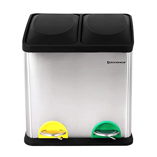 SONGMICS Cubo de Reciclaje, Residuos de 30 litros, 2 Cubos de Basura de 15 litros, con Cubos Internos, Pedales Codificados por Colores, para la Cocina, Sala de Estar, Plata y Negro LTB30L