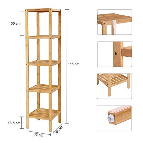 SONGMICS Estante de Baño, de Bambú, de 5 Niveles, Estante de Cocina de Pie, para Espacios Estrechos, Sala, Dormitorio, Vestíbulo, 33 x 33 x 146 cm BCB55Y