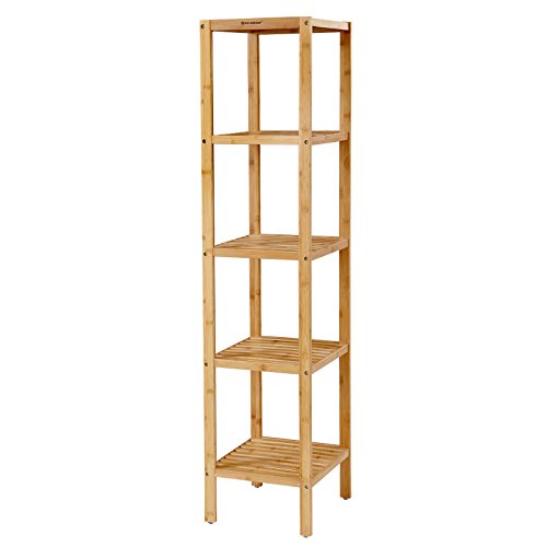 SONGMICS Estante de Baño, de Bambú, de 5 Niveles, Estante de Cocina de Pie, para Espacios Estrechos, Sala, Dormitorio, Vestíbulo, 33 x 33 x 146 cm BCB55Y