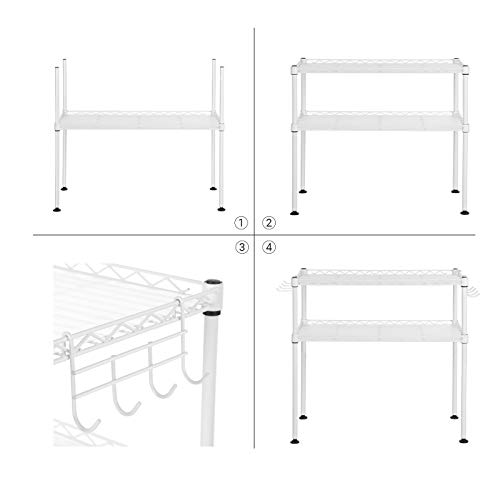 SONGMICS Estante para Horno de Microondas, Soporte Organizador de 2 Niveles para el Mostrador de la Cocina, con 2 Estantes Ajustables y 8 Ganchos, Blanco LGR20WT