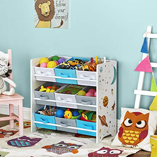 SONGMICS Estantería Infantil para Juguetes y Libros, 9 Cajas de Tela no Tejida Extraíbles con Asas, para Sala de Juegos, Escuela, 62,5 x 29,5 x 60 cm, Ahorro de Espacio, Blanco GKR33WT