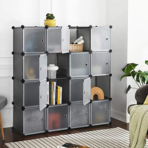 SONGMICS Estantería Modular, Armario Modular de 16 Cubos, Estantería de Plástico con Puertas, para Zapatillas, Ropa, Juguetes, Libros, Fácil de Montar, Gris LPC443G01