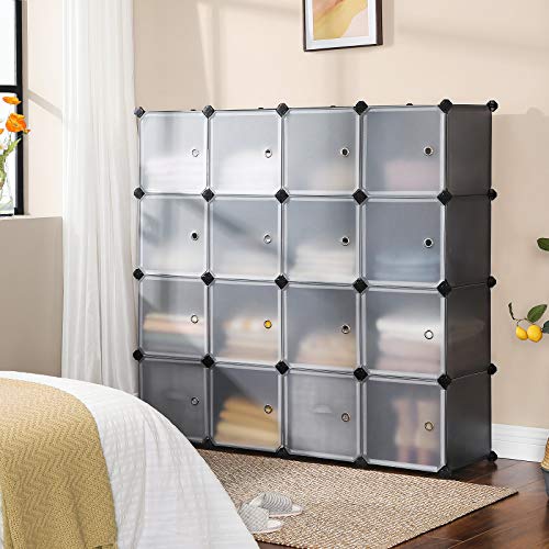 SONGMICS Estantería Modular, Armario Modular de 16 Cubos, Estantería de Plástico con Puertas, para Zapatillas, Ropa, Juguetes, Libros, Fácil de Montar, Gris LPC443G01