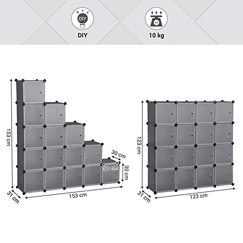 SONGMICS Estantería Modular, Armario Modular de 16 Cubos, Estantería de Plástico con Puertas, para Zapatillas, Ropa, Juguetes, Libros, Fácil de Montar, Gris LPC443G01