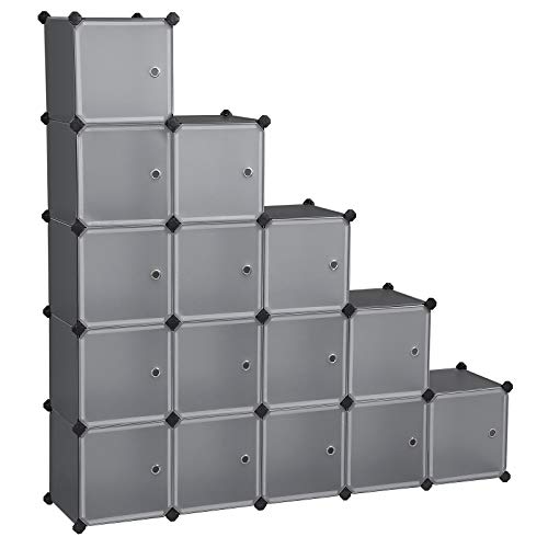 SONGMICS Estantería Modular, Armario Modular de 16 Cubos, Estantería de Plástico con Puertas, para Zapatillas, Ropa, Juguetes, Libros, Fácil de Montar, Gris LPC443G01