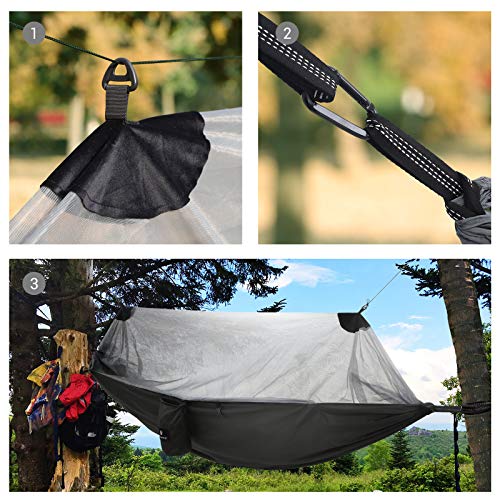 SONGMICS Hamaca Ultraligera con Mosquitera, Hamaca Doble Portátil, Nylon Ripstop, Secado Rápido, Correas Multi-Lazo, Carga 300 kg, 275 x 140 cm, para Camping, Jardín, Negro y Gris GDC16BG