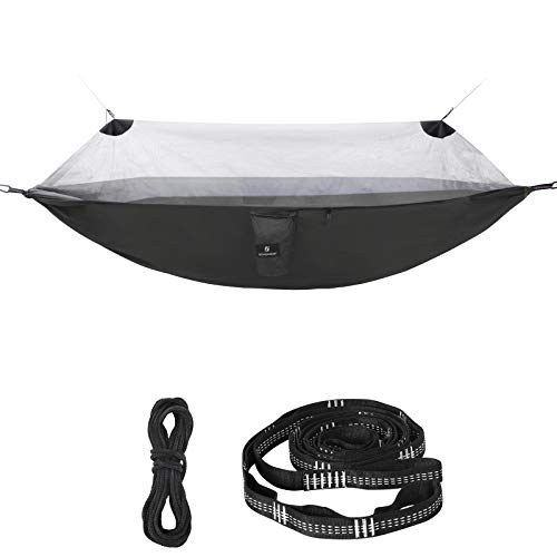 SONGMICS Hamaca Ultraligera con Mosquitera, Hamaca Doble Portátil, Nylon Ripstop, Secado Rápido, Correas Multi-Lazo, Carga 300 kg, 275 x 140 cm, para Camping, Jardín, Negro y Gris GDC16BG