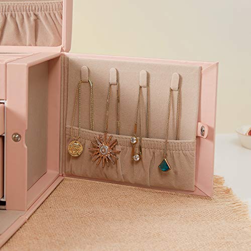 SONGMICS Joyero, Organizador de Joyas con 2 Cajones, Estuche con Cerradura y Espejo, Estuche de Viaje Portátil, para Anillos, Pulseras, Collares, Forro de Terciopelo, Regalo, Naranja JBC121OG