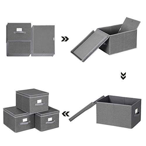 SONGMICS Juego de 3 Cajas Plegables con Tapas, Cajas de Almacenaje de Tela con Portaetiquetas, 40 x 30 x 25 cm, Gris Ahumado RYFB03G