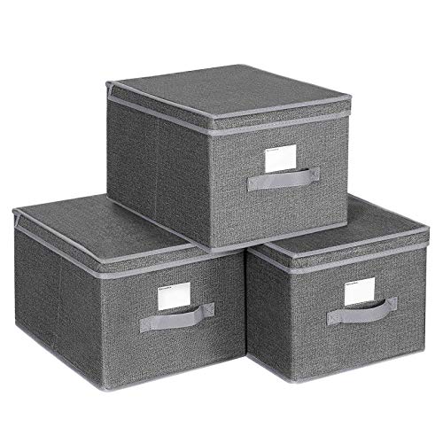 SONGMICS Juego de 3 Cajas Plegables con Tapas, Cajas de Almacenaje de Tela con Portaetiquetas, 40 x 30 x 25 cm, Gris Ahumado RYFB03G