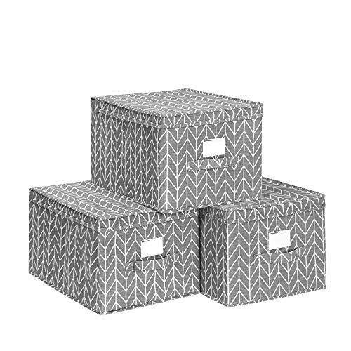 SONGMICS Juego de 3 Cajas Plegables con Tapas, Cubos de Tela con Etiquetas, Cajas de Almacenamiento, 40 x 30 x 25 cm Gris RTFB03G