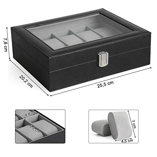 SONGMICS JWB010BK - Caja para Relojes con 10 Compartimentos (Tapa de Cristal, Funda para Relojes extraíble, Forro Interior de Terciopelo, Cierre de Metal, Poliuretano), Color Negro