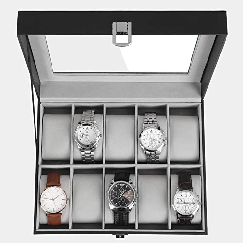 SONGMICS JWB010BK - Caja para Relojes con 10 Compartimentos (Tapa de Cristal, Funda para Relojes extraíble, Forro Interior de Terciopelo, Cierre de Metal, Poliuretano), Color Negro