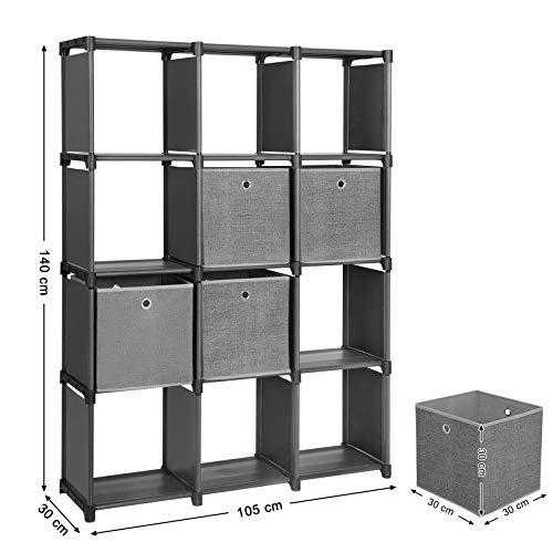 SONGMICS LSN34BK LSN34BK-Estantería con 4 Cajas 12 Cubos, con Marco de Metal Resistente, Martillo de Goma, 105 x 140 x 30 cm, Color Negro, Tela, 105 x 140 x 30 (B x H x T)