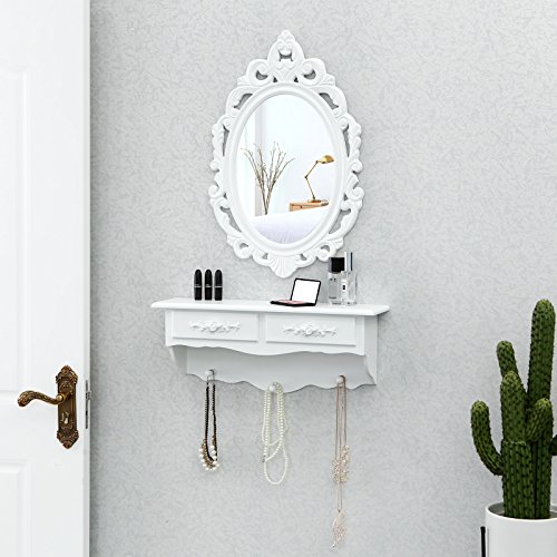 SONGMICS Mini Tocador de Pared, con 1 Espejo Ovalado y 2 Cajones, Mesa de Maquillaje, Blanco RDT16W