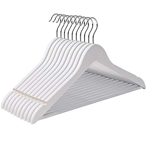 SONGMICS Perchas de Madera de Arce, Set de 10, sin Astillas, con Barra de Pantalones y Muescas Antideslizantes, 44,5 cm, Gancho Giratorio a 360°, Color Blanco CRW03W10