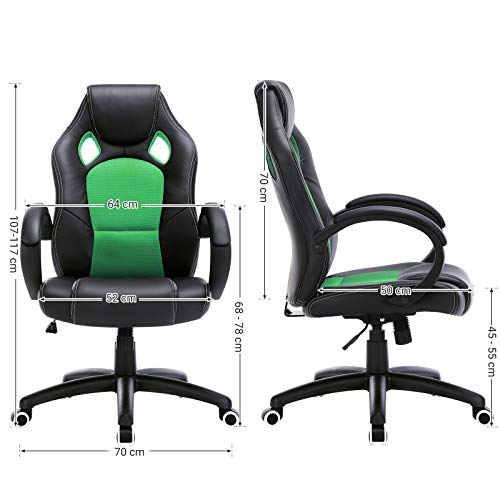 SONGMICS Racing Silla de Escritorio de Oficina Ergonómica Regulable con Ruedas, OBG56BJ, Negro-Verde