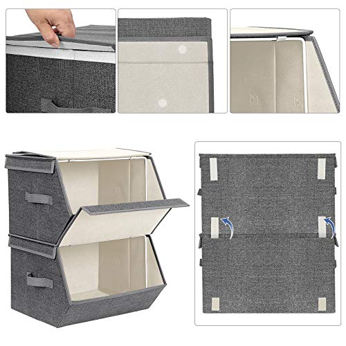 SONGMICS Set de 2 Cajas de Almacenaje con Aros Metálicos y Imánes Cubos de Tela Organizador Plegable con Tapa 38 x 35 x 25 cm Gris y Beige RYLB02G