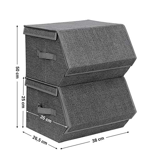 SONGMICS Set de 2 Cajas de Almacenaje con Aros Metálicos y Imánes Cubos de Tela Organizador Plegable con Tapa 38 x 35 x 25 cm Gris y Beige RYLB02G