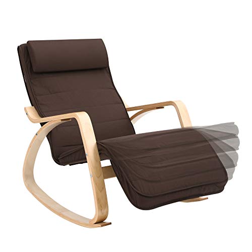 SONGMICS Silla Mecedora, Sillón Tumbona, Madera de Abedul, Reposapiés Ajustable, Ideal para Sala de Estar, Estudio, Terraza, Funda Desmontable y Lavable, Capacidad de Carga de 150 kg, Marrón LYY10ZV1