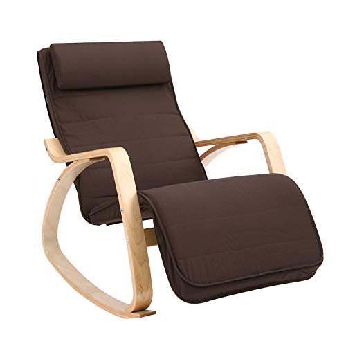 SONGMICS Silla Mecedora, Sillón Tumbona, Madera de Abedul, Reposapiés Ajustable, Ideal para Sala de Estar, Estudio, Terraza, Funda Desmontable y Lavable, Capacidad de Carga de 150 kg, Marrón LYY10ZV1